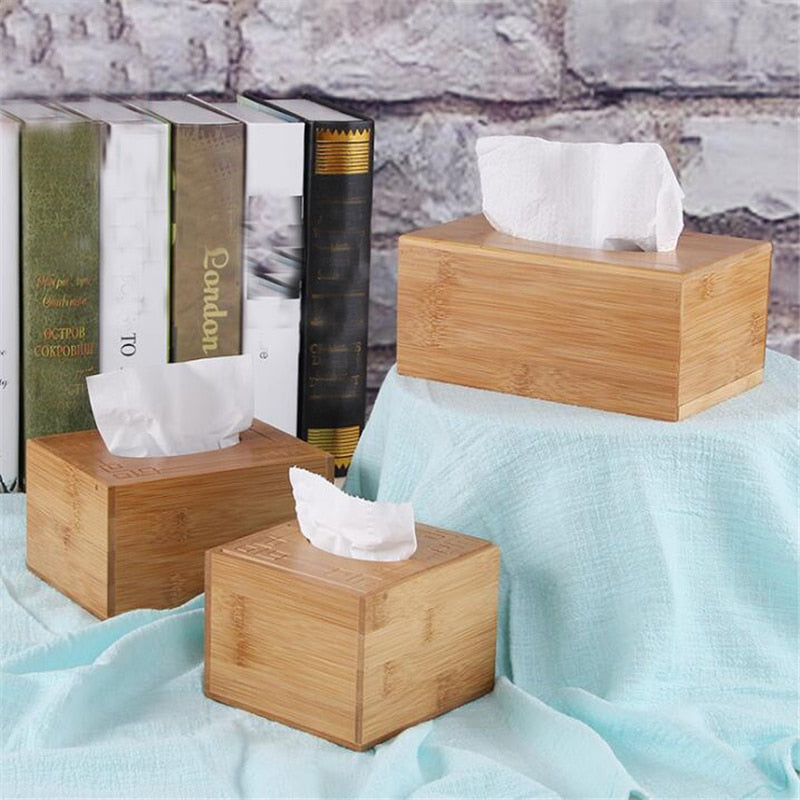 Fashion Style Bamboo Square Tissue Box Creative Seat Type Roll Storage Paper Box Tissue Canister Eco-Friendly Wood Table Decor
