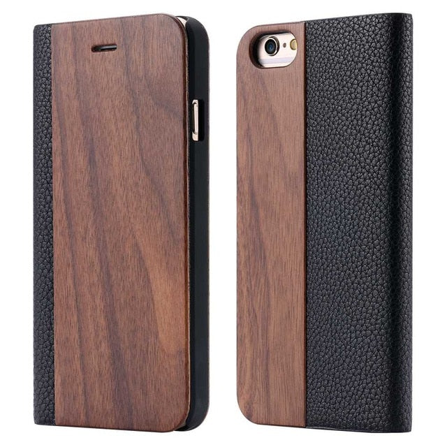 NORTHFIRE Bamboo Natural Wood Case For iPhone 11/11 Pro Max XR X XS Max 6/6S/7/8 Plus PU Leather Flip Case Coque Pouch