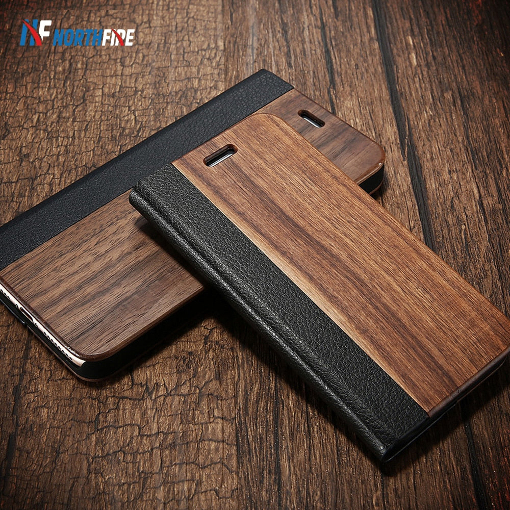 NORTHFIRE Bamboo Natural Wood Case For iPhone 11/11 Pro Max XR X XS Max 6/6S/7/8 Plus PU Leather Flip Case Coque Pouch