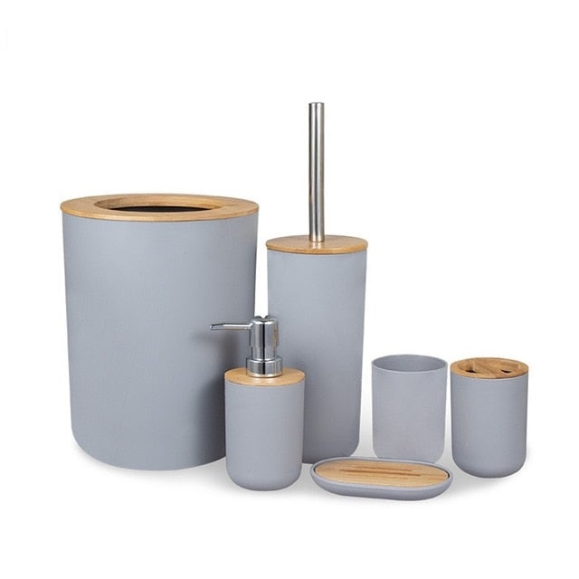 Set of 6 Plastic Bathroom Accessories Set With Bamboo Toothbrush Holder Toothpaste Dispenser Case Soap Box Toilet Shower Storage