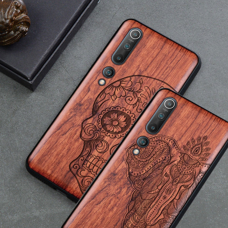 Carved Skull Wood Phone Case For Xiaomi mi 10 mi 9t pro 9 se 8 lite Mi A3 Xiaomi redmi note 8 pro k30 Silicon Wooden Case Cover