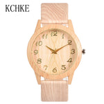 KCHKE 2020 Black/Coffee/Beige Dial Natural Bamboo Wood Watch Men Women Genuine Leather Wooden Clock Male hour Reloj de madera