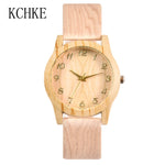 KCHKE 2020 Black/Coffee/Beige Dial Natural Bamboo Wood Watch Men Women Genuine Leather Wooden Clock Male hour Reloj de madera