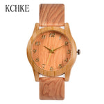 KCHKE 2020 Black/Coffee/Beige Dial Natural Bamboo Wood Watch Men Women Genuine Leather Wooden Clock Male hour Reloj de madera