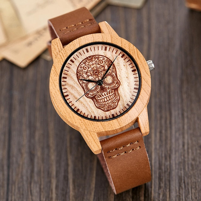 Wood Watch Men Women Couple Imitation Bamboo Wooden Quartz Male Watches Leather Mexico Skull Head Horse Deer Light Clock Reloj
