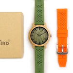 BOBO BIRD Bamboo Wooden Watch Men Quartz Watch with Green Silicone Strap Extra Band Men's Gift with Box relogio masculino W-B06