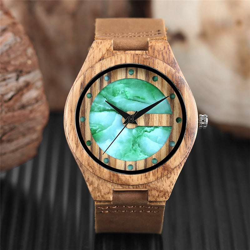 Men's Watch Vogue Letter C Shape Fresh Green Chic White Marble Dial Watch Men Clock Man Bamboo Wooden Sports Quartz Wristwatches
