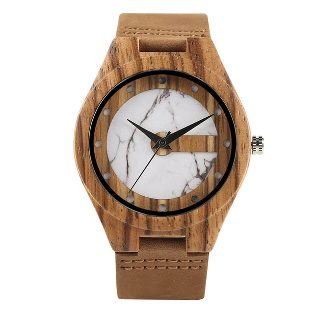 Men's Watch Vogue Letter C Shape Fresh Green Chic White Marble Dial Watch Men Clock Man Bamboo Wooden Sports Quartz Wristwatches