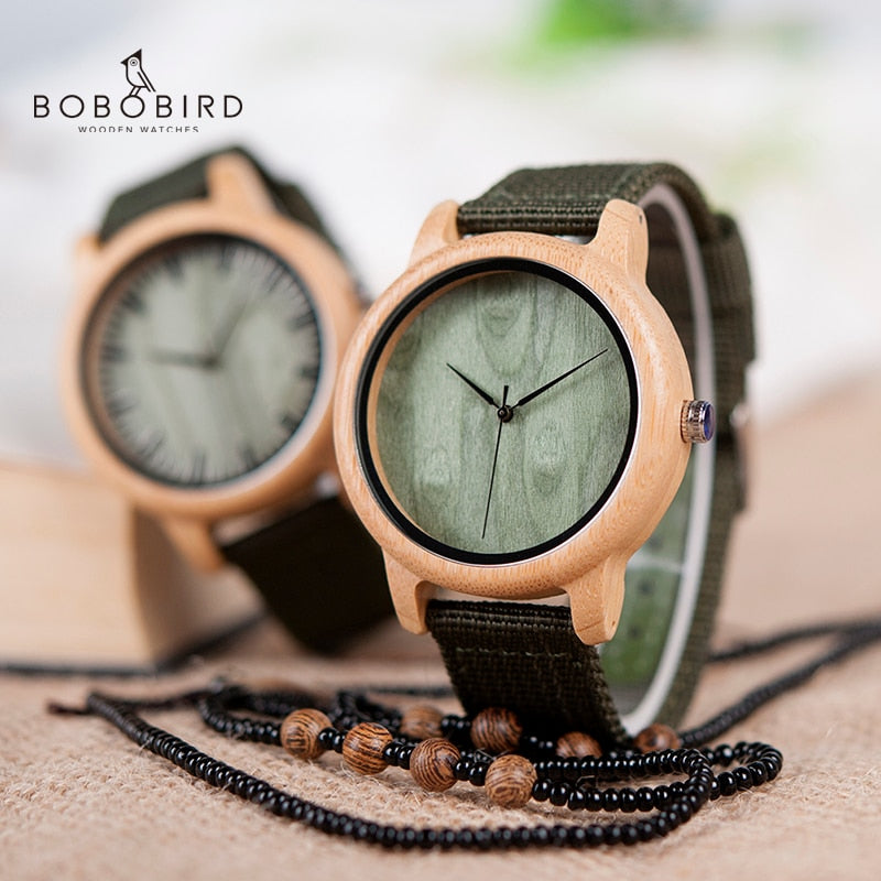 BOBO BIRD D11 Bamboo Wood Watches for Women Men Brand Design Green Nylon Straps Watch Drop Shipping in Box