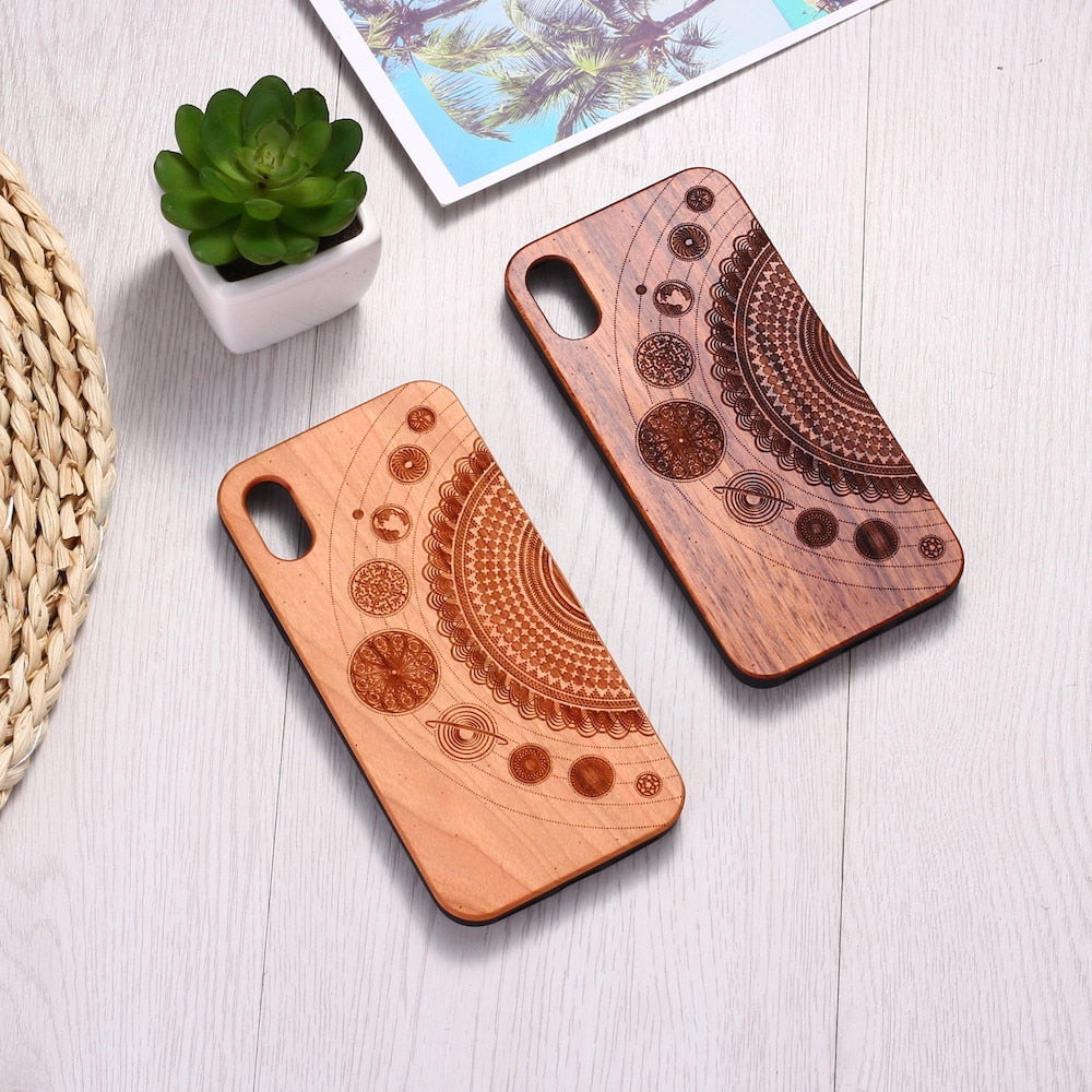 Real Bamboo Engraved Cosmic Space Mandala Wood Phone Case Funda For iPhone 6 6S 6Plus 7 7Plus 8 8Plus XR X XS Max 11 Pro Max