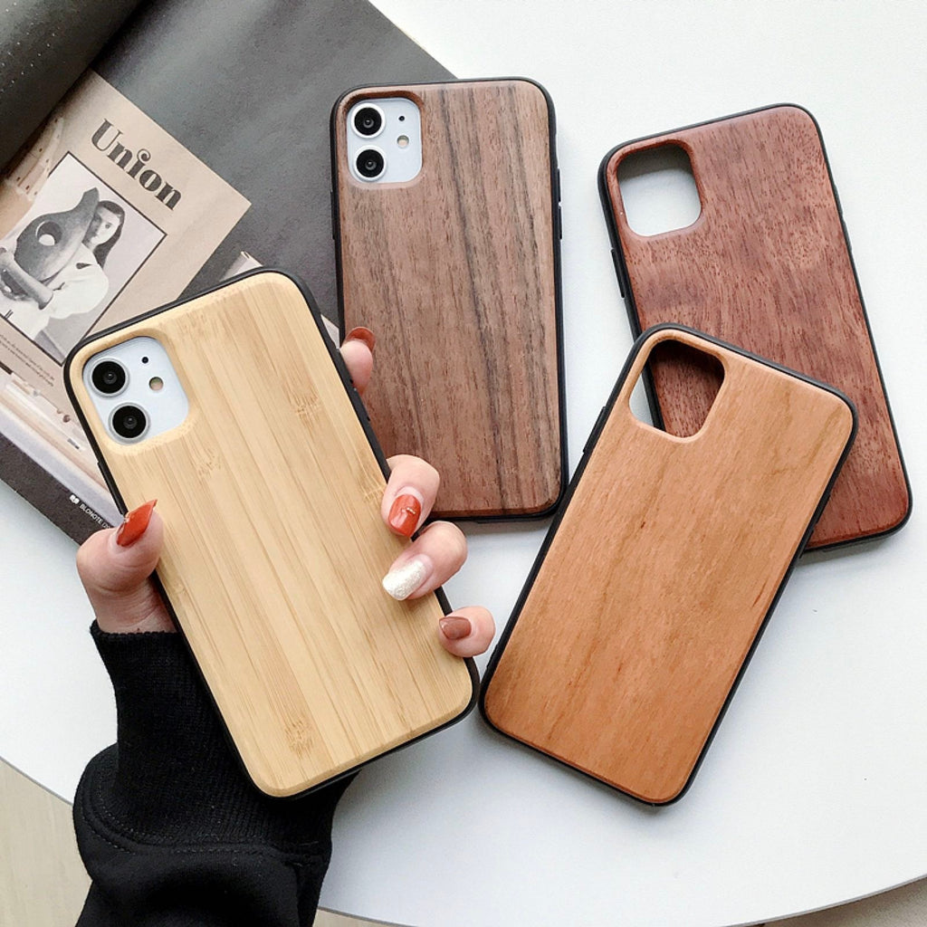 Natural Wood Case for iPhone 11 11Pro XS Max XS 6 6s 7 8 Plus Wooden Cover Bamboo Patterns Wood Slice + Plastic Edges Back Cover