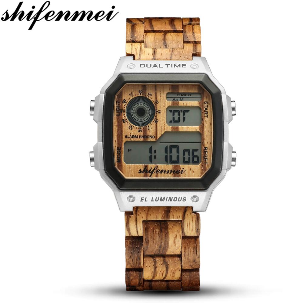 Shifenmei Wooden Watch Men Watches Top Brand Luxury LED Digital Men's Watch Man Sports Military Wood Wristwatch erkek kol saati