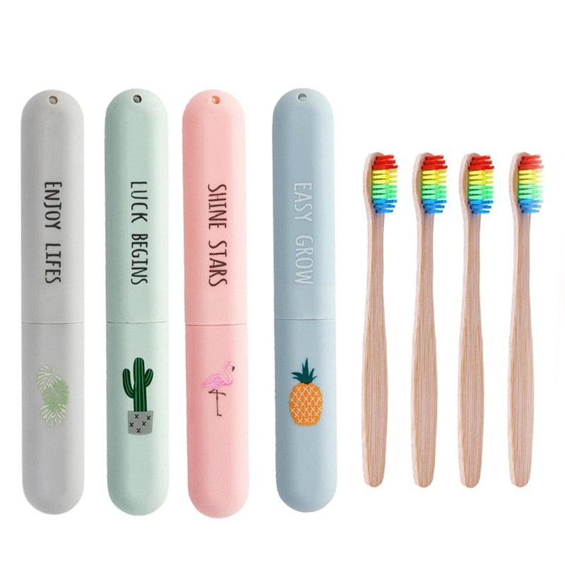 Hot Rainbow Bamboo Toothbrush Set Portable Toothbrush Cover Case Holder Outdoor Travel Camping Toothbrush Box Bathroom Product
