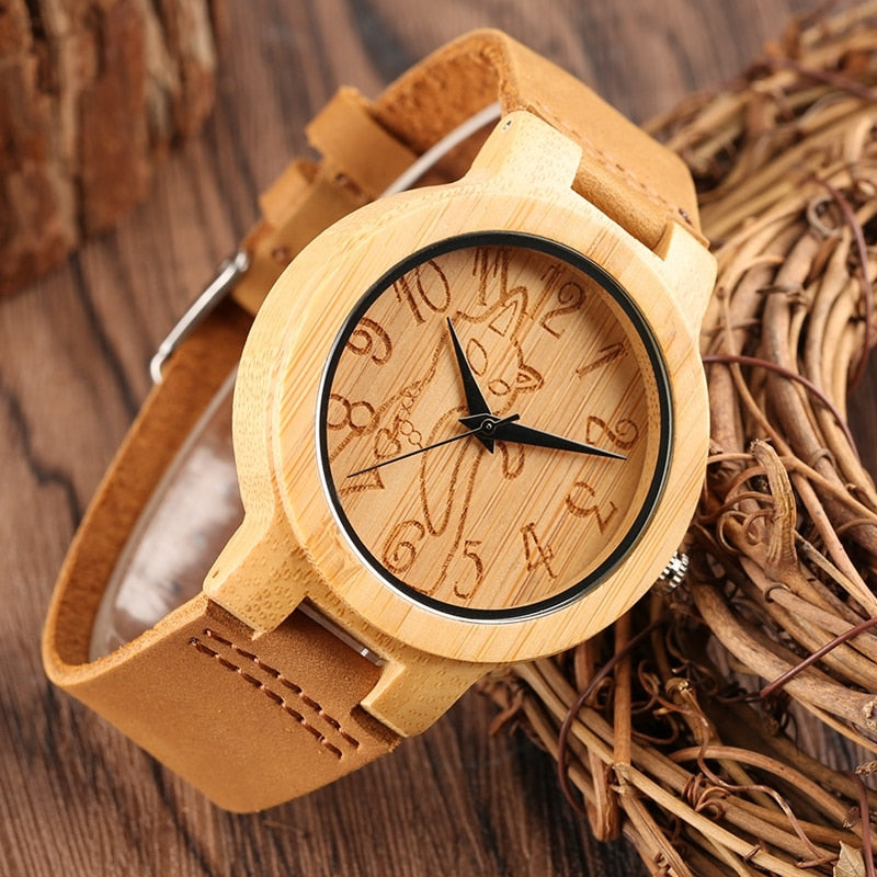 Vintage Wood Watch Men Light Bamboo Lovely Cat Handmade Casual Natural Non-toxic Wooden Clocks Quartz Wristwatches for Men Wome